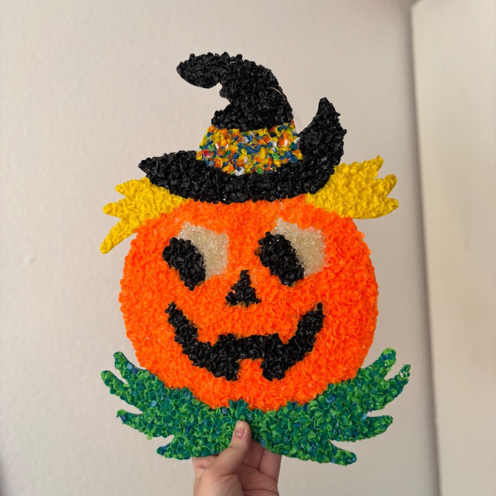 Vintage Halloween Melted Plastic Popcorn Pumpkin Witch Hat Wall Decor 16 Inch